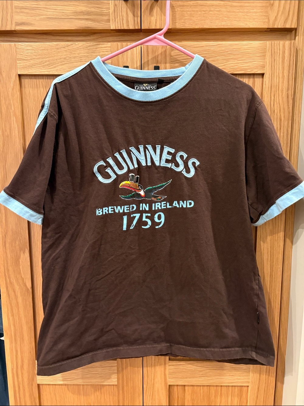 Guinness Men’s Large Brown Tee with Light Blue Trim.